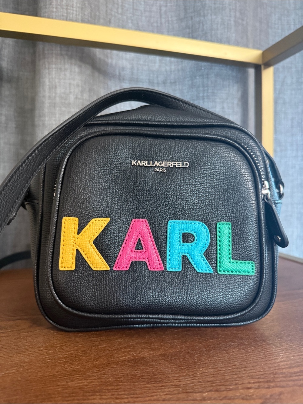 S Karl Lagerfeld Black Crossbody with Yellow Pink Blue Green KARL Appliqué